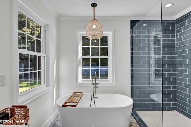 bathroom featuring separate shower and tub and ornamental molding