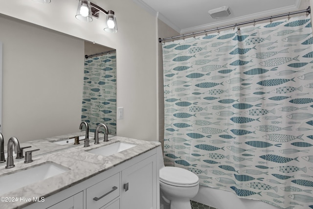 1831 Hawthorne Rd, Wilmington, NC 28403 - bathroom featuring double vanity, toilet, ornamental molding, and curtained shower