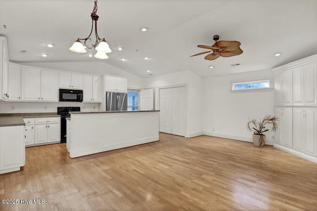 1831 Hawthorne Rd, Wilmington, NC 28403 - kitchen featuring black appliances, lofted ceiling, white cabinets, light wood-style flooring, and ceiling fan