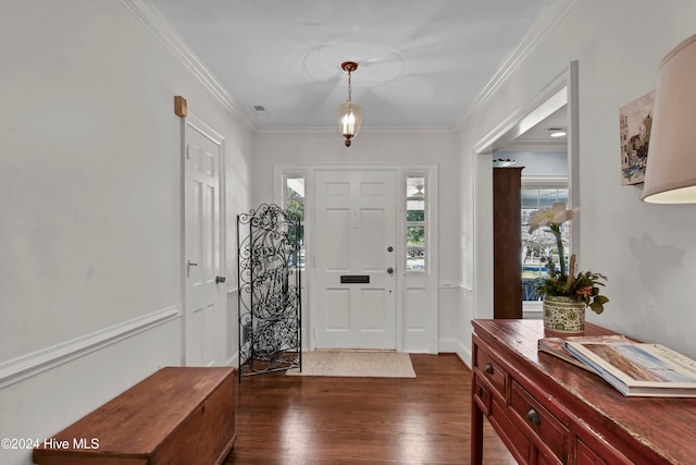 foyer entrance featuring crown molding and dark hardwood / wood-style floors