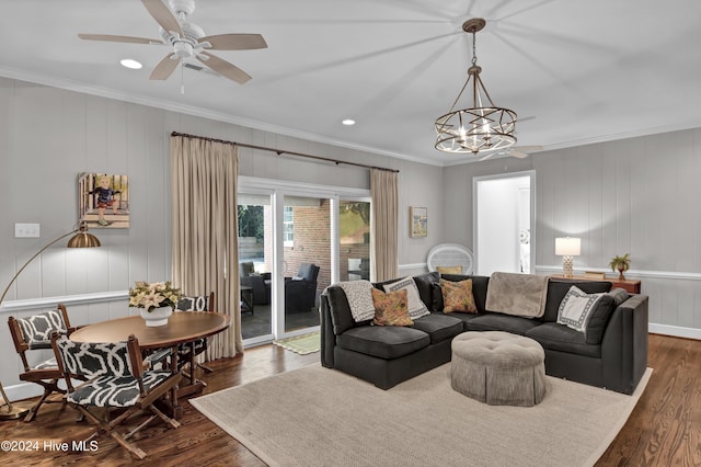 1831 Hawthorne Rd, Wilmington, NC 28403 - living area with crown molding, a ceiling fan, dark wood-style flooring, recessed lighting, and a chandelier