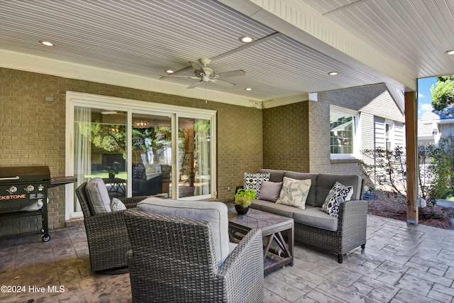 view of patio / terrace featuring an outdoor hangout area, ceiling fan, and a grill