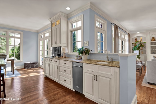 kitchen with sink, dark hardwood / wood-style floors, ornamental molding, light stone counters, and white cabinetry