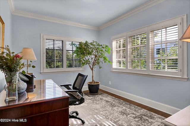 home office with hardwood / wood-style floors, plenty of natural light, and crown molding