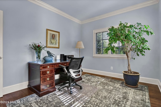 office featuring dark hardwood / wood-style floors and ornamental molding