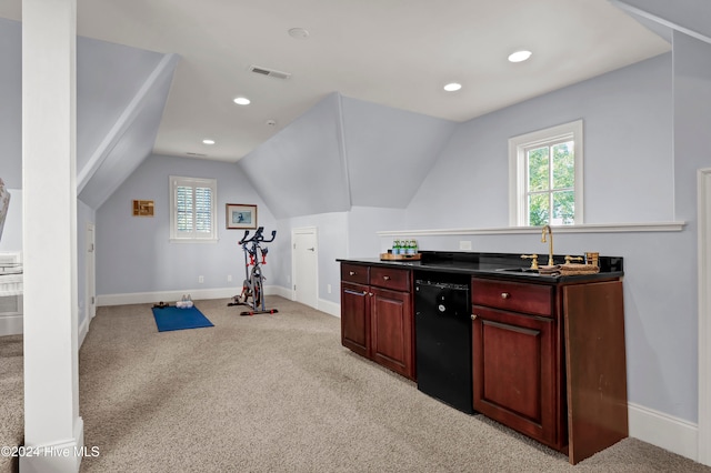 interior space with light colored carpet, sink, and vaulted ceiling