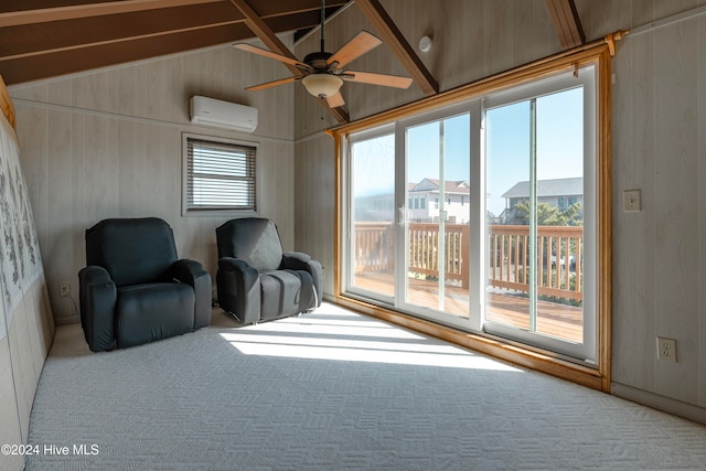 living area with a wall mounted air conditioner, light carpet, ceiling fan, and lofted ceiling