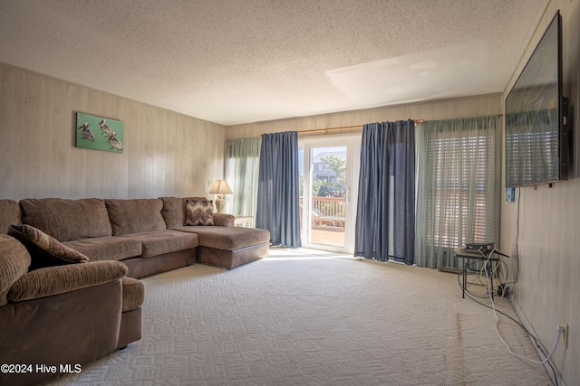 714 Ocean Blvd, Topsail Beach, NC 28445 - carpeted living room with a textured ceiling and wood walls