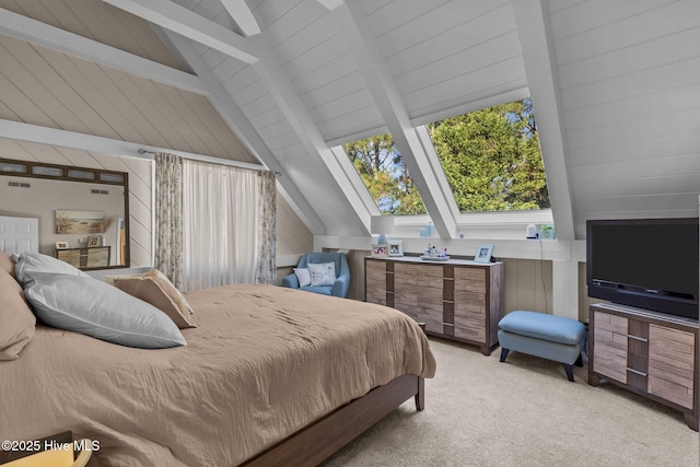 carpeted bedroom with vaulted ceiling with beams and wood walls