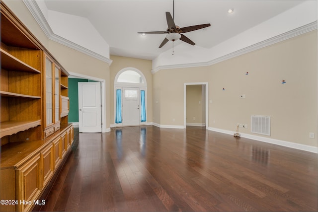 unfurnished living room with high vaulted ceiling, ceiling fan, and dark wood-type flooring