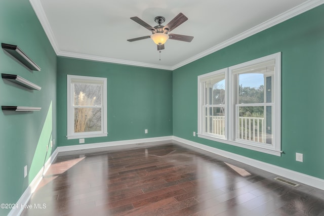 unfurnished bedroom featuring a closet, ceiling fan, crown molding, and dark hardwood / wood-style floors