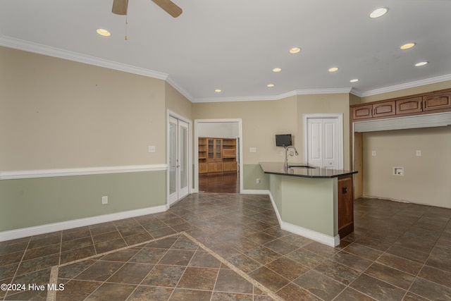 kitchen with stainless steel appliances, ceiling fan, crown molding, and sink