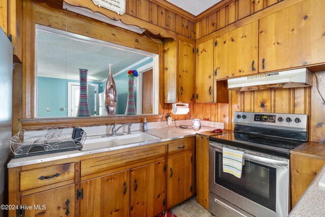 kitchen with electric range, crown molding, and sink