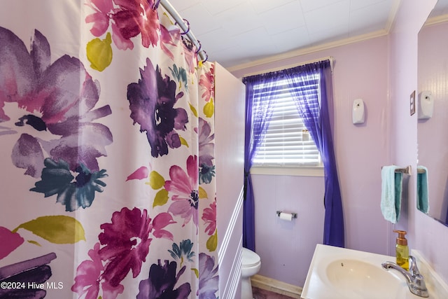 bathroom featuring crown molding, vanity, and toilet