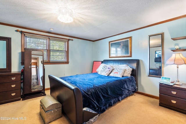 bedroom with light carpet, a textured ceiling, and crown molding