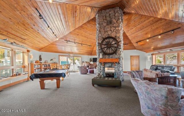 playroom featuring rail lighting, wooden ceiling, billiards, a fireplace, and carpet