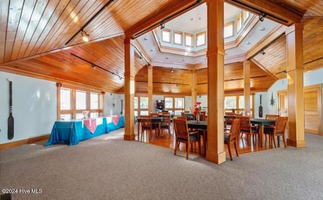 interior space with carpet, track lighting, high vaulted ceiling, and wood ceiling