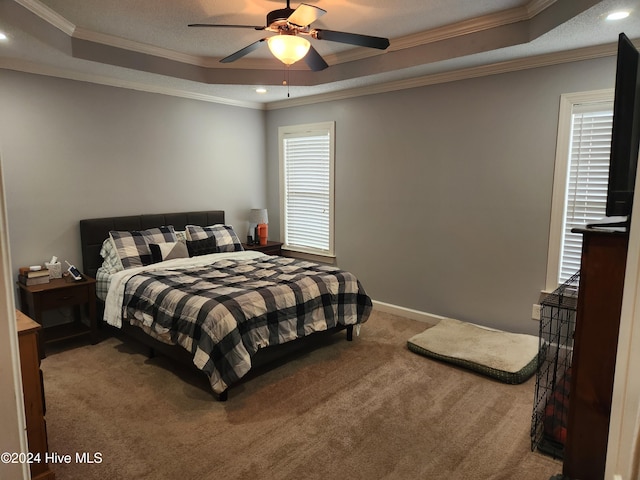 carpeted bedroom with a tray ceiling, multiple windows, crown molding, and ceiling fan