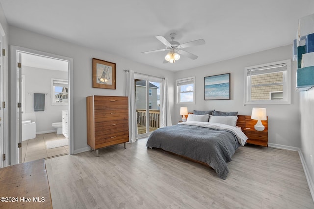 bedroom with access to exterior, ceiling fan, light hardwood / wood-style flooring, and ensuite bathroom