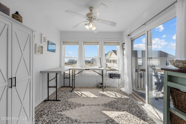 sunroom with ceiling fan