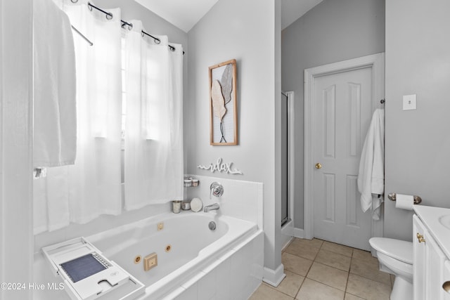 full bathroom featuring tile patterned flooring, lofted ceiling, toilet, vanity, and shower with separate bathtub