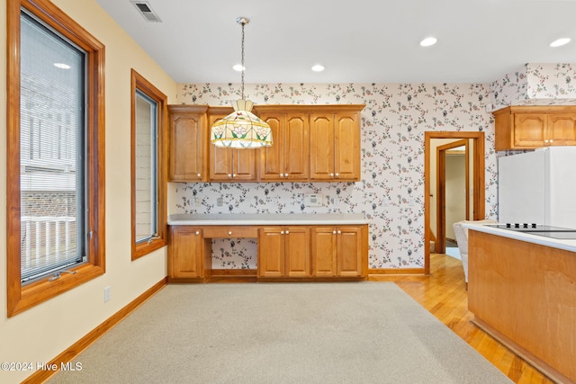 kitchen featuring black electric cooktop, light hardwood / wood-style flooring, pendant lighting, and white refrigerator