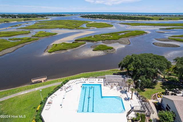 drone / aerial view featuring a water view