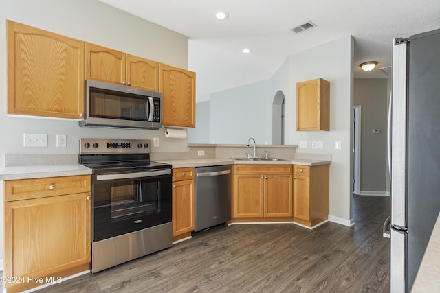 kitchen featuring sink, stainless steel appliances, and dark wood-type flooring