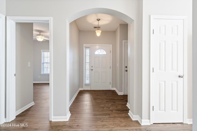 entryway featuring ceiling fan and dark hardwood / wood-style flooring