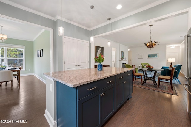 kitchen with dark wood-type flooring, baseboards, hanging light fixtures, light stone countertops, and crown molding