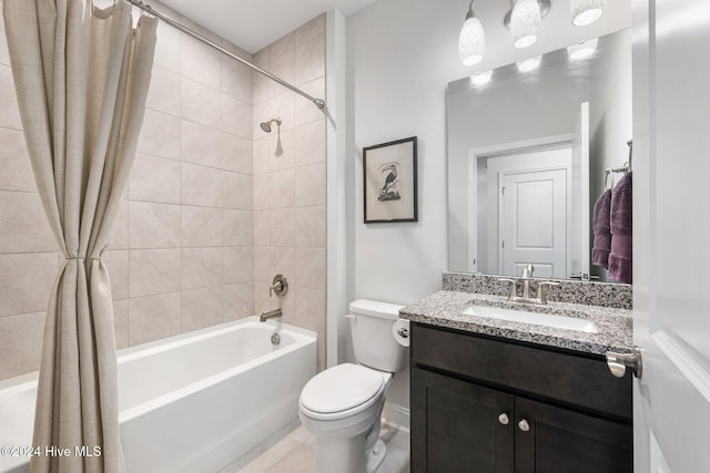 full bath with shower / tub combo, toilet, vanity, and tile patterned floors