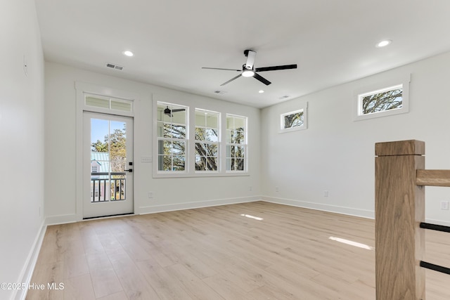 unfurnished room featuring light wood-style floors, recessed lighting, visible vents, and ceiling fan