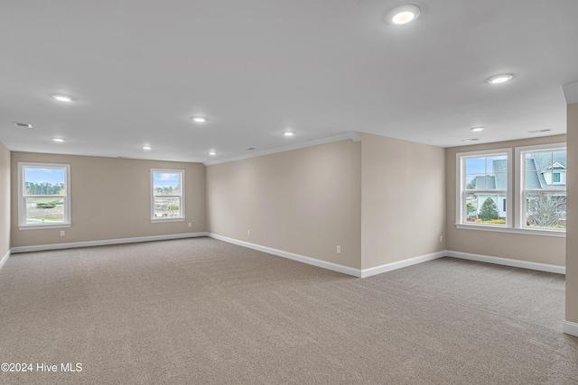 unfurnished room with light carpet and crown molding