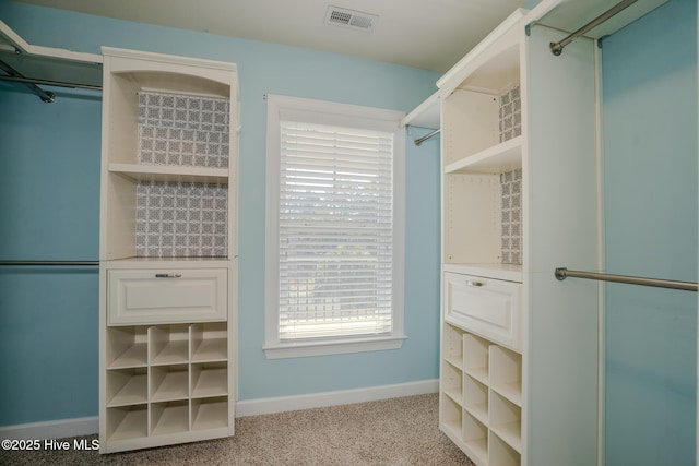 spacious closet featuring light colored carpet