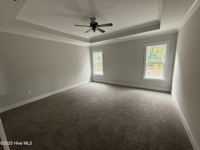 unfurnished room with a raised ceiling, carpet flooring, ceiling fan, baseboards, and ornamental molding
