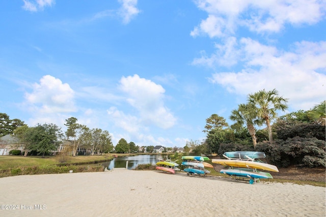 exterior space with a water view