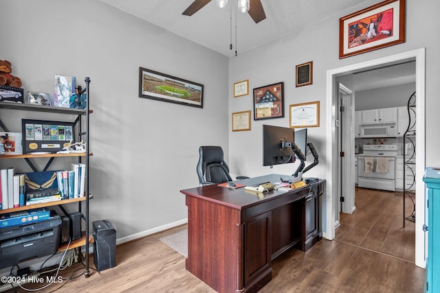 office space with hardwood / wood-style flooring, ceiling fan, and a textured ceiling