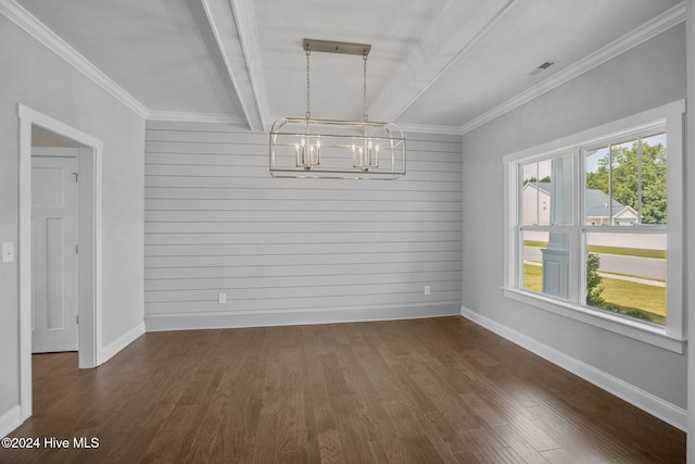 unfurnished dining area with wood walls, beamed ceiling, and dark hardwood / wood-style floors