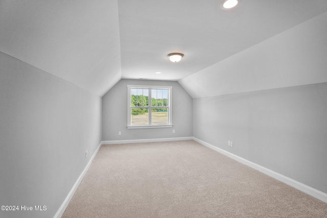 additional living space with light colored carpet and lofted ceiling