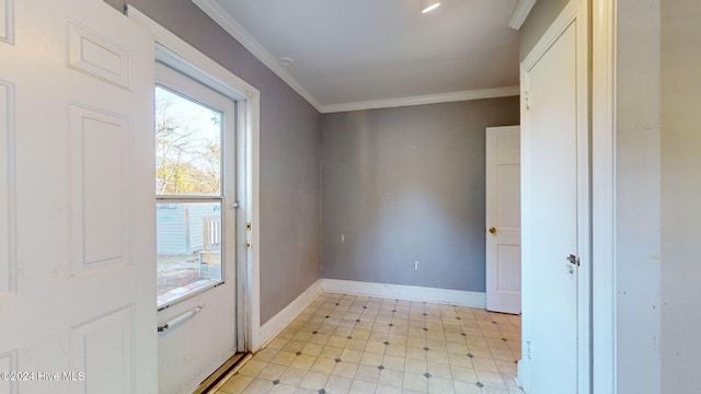 doorway to outside featuring ornamental molding