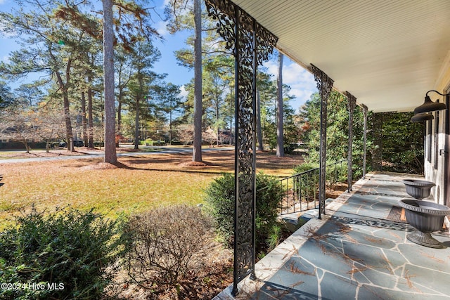 view of yard featuring covered porch