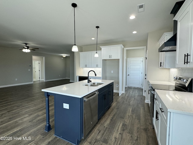 kitchen featuring visible vents, a sink, white cabinets, under cabinet range hood, and appliances with stainless steel finishes