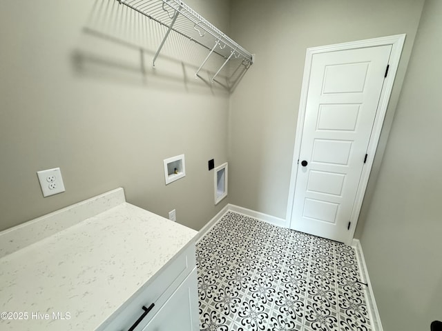 washroom featuring cabinet space, hookup for an electric dryer, baseboards, and washer hookup