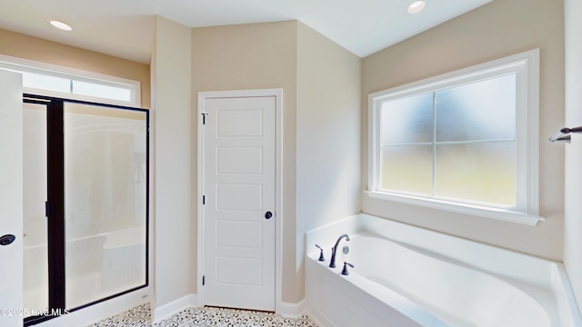 1407 Stoney Creek Church Rd, Goldsboro, NC 27534 - full bathroom with a stall shower, a bath, baseboards, and recessed lighting