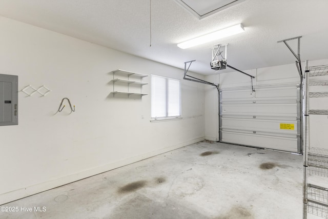 garage featuring electric panel and a garage door opener