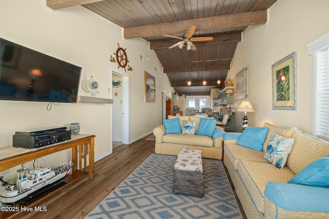 living room featuring baseboards, a ceiling fan, wood ceiling, dark wood-type flooring, and vaulted ceiling with beams