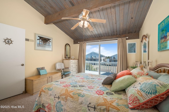 bedroom with vaulted ceiling with beams, access to outside, wooden ceiling, and visible vents