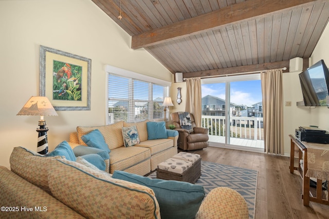 living room featuring vaulted ceiling with beams, wood finished floors, and wood ceiling