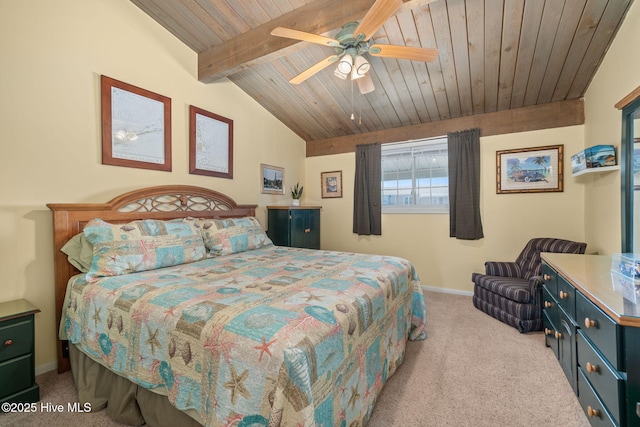 bedroom with light carpet, baseboards, wood ceiling, ceiling fan, and vaulted ceiling with beams