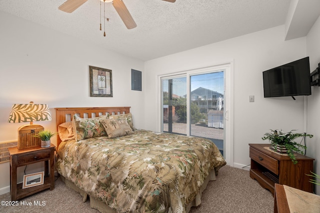 bedroom with electric panel, a ceiling fan, carpet, access to outside, and a textured ceiling